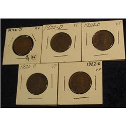 165. (5) 1922 D Lincoln Cents in VF. Redbook value $135.00.