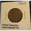 Image 1 : 171. 1869 U.S. Two Cent Piece. G-4. Redbook value $24.00.