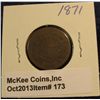 Image 1 : 173. 1871 U.S. Two Cent Piece. G-4. Redbook value $32.00.