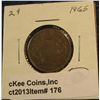 Image 1 : 176. 1865 U.S. Two Cent Piece. VG-8. Redbook value $19.00.