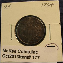 177. 1864 Large Motto U.S. Two Cent. VF 20. Redbook value $35.00.