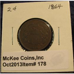 178. 1864 Large Motto U.S. Two Cent. VG-8. Redbook value $19+.