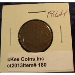 180. 1864 Large Motto U.S. Two Cent. VG-8. Redbook value $19+.