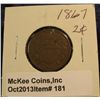 Image 1 : 181. 1867 U.S. Two Cent Piece. VG-8. Redbook value $19.00.