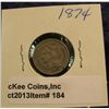 Image 1 : 184. 1874 U.S. Three Cent Nickel. VF 20. Redbook value $28.00.