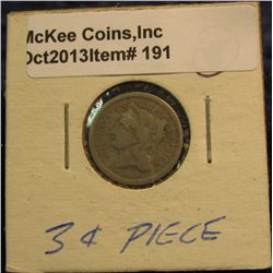 191. 1866 U.S. Three Cent Nickel. VG-8. Redbook value $20.00.