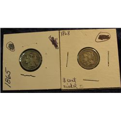 193. 1865 & 1868 U.S. Three Cent Nickels. G-VG. Redbook value $36.00.