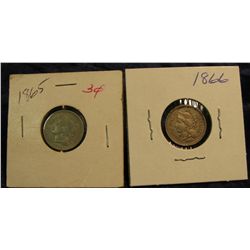 194. 1865 & 1866 U.S. Three Cent Nickels. VF+. Redbook value $56.00.