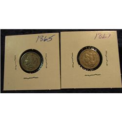 195. 1865 & 67 U.S. Three Cent Nickels.  VG-F. Redbook value $40+.