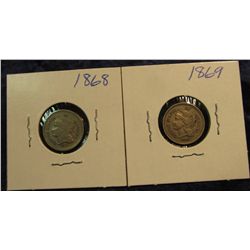 196. 1868 & 69 U.S. Three Cent Nickels.  VG-VF. Redbook value $48.00.