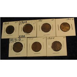 236. 1909 P VF, 09 P VDB EF, 11 P EF, 11 D VG, 13 D F-12, 14 P VF, 15 D EF Lincoln Cents. Redbook va