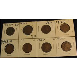 237. 1909 P VDB EF, 10 S VG, 11 P EF, 12 D G, 13 D F-12, 14 P VF, 15 D VG, & 22 D VG Lincoln Cents.