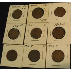 238. 1909 P VDB Brown Unc, 10S VG, 11 P EF, 12 D VG, 13 D G, 13 S VG, 14 P VF, 15 D EF, & 22 D F-12