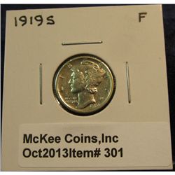 301. 1919 S Mercury Dime. F-12.