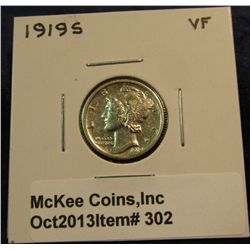 302. 1919 S Mercury Dime. VF 20.