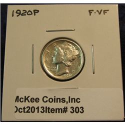 303. 1920 P Mercury Dime. F-VF.
