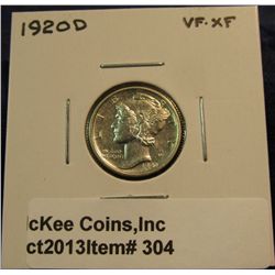 304. 1920 D Mercury Dime. VF-EF.