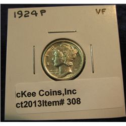 308. 1924 P Mercury Dime. VF 20.