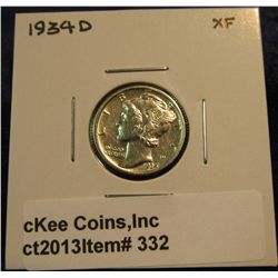 332. 1934 D Mercury Dime. EF.