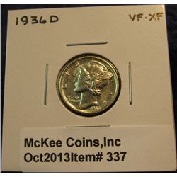 337. 1936 D Mercury Dime. VF-EF.