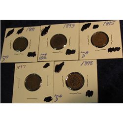 359. 1891, 93, 95, 97, & 98 Indian Head Cents. F-VF.