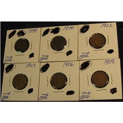 360. 1899, 1900, 02, 03, 06, & 08 Indian Head Cents. F-VF+.