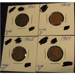 361. 1901, 04, 05, & 07 Indian Head Cents. EF-AU.