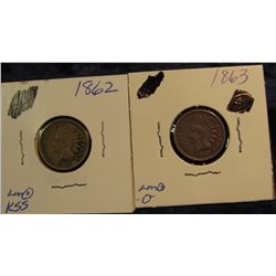 378. 1862 & 63 Indian Head Cent. F-12. Redbook $40.00.