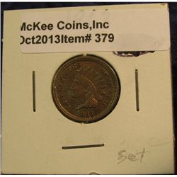 379. 1863 Indian Head Cent. Light purple toned AU. Redbook value $70.00.