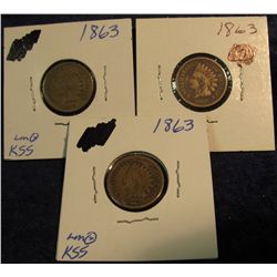 381. (3) 1863 Civil War Copper-nickel Indian Head Cents. G-VG.