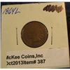 Image 1 : 387. 1864 L Indian Head Cent. G-4. (obvious pointed bust). Redbook value $65.00.