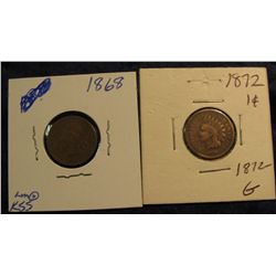 397. 1868 & 72 Indian Head Cents. G-4. Redbook value $145.00.