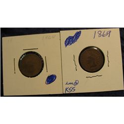 399. 1868 AG & 1869 G-4 Indian Head Cents. Redbook value $130.00.