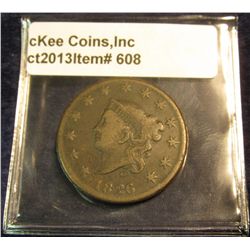 608. 1826 U.S. Large Cent. F-12. Redbook value $32.00.