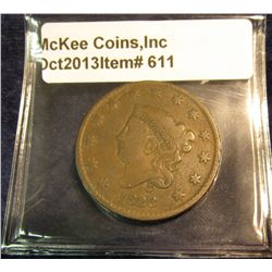 611. 1828 U.S. Large Cent. Large narrow date.  F-12. Redbook value $35.00.