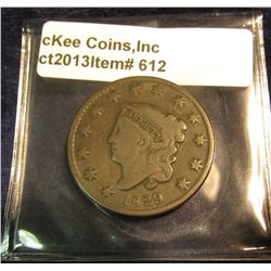 612. 1829 U.S. Large Cent. F-12. Redbook value $30.00.