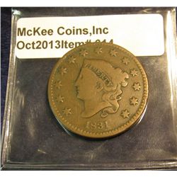 614. 1831 U.S. Large Cent. VG-8. Redbook value $24.00