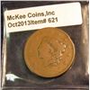 Image 1 : 621. 1836 U.S. Large Cent. VG-8. Redbook value $25.00.