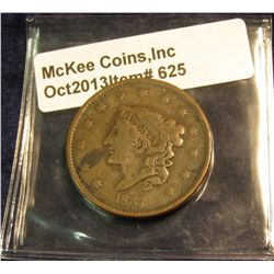 625. 1837 Plain cords, small letters. U.S. Large Cent. VG-8. Redbook value $25.00