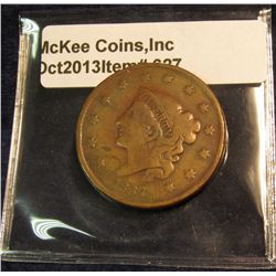 627. 1837 Plain cords, Medium letters. U.S. Large Cent. VG-8. Redbook value $25.00