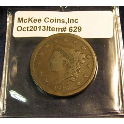 629. 1838 U.S. Large Cent. VG-8. Redbook value $25.00