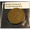Image 1 : 633. 1839 U.S. Large Cent. Booby head. G-4. Redbook value $20.00.
