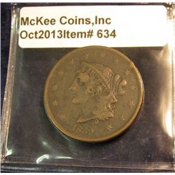 634. 1839 U.S. Large Cent. Booby head. VF 20. Redbook value $60.00.