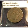 Image 1 : 634. 1839 U.S. Large Cent. Booby head. VF 20. Redbook value $60.00.