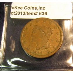 636. 1840 Small Date U.S. Large Cent. VG-8. Redbook value $22.00.