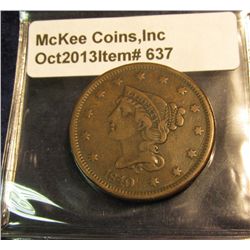 637. 1840 Large Date U.S. Large Cent. VF 20. Redbook value $35.00.