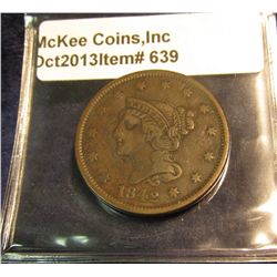 639. 1842 Large Date U.S. Large Cent. F-12. Redbook value $25.00.