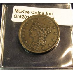 641. 1843 Large Letters Mature Head U.S. Large Cent. VF 30. Redbook value $45.00.