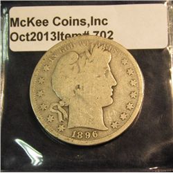 702. 1896 S U.S. Barber Half Dollar. G/AG. Redbook value $115.00.