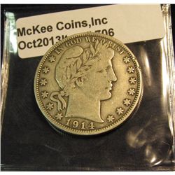 706. 1914 S U.S. Barber Half Dollar. VG-8. Redbook value $20.00
